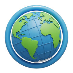3D globe icon showing continents and oceans in a blue circular frame design