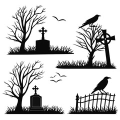 Halloween graveyard with crows, bare trees, and tombstones Keywords: Halloween, graveyard