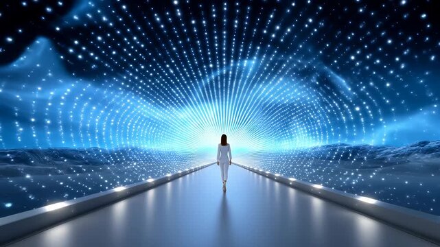 Ethereal pathway leading into a bright blue cosmic background with glowing stars and light rays illuminating a woman walking towards the horizon
