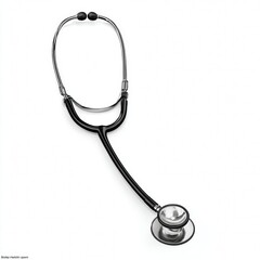 A detailed, overhead shot of a classic black stethoscope with a silver head