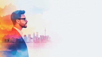 Young professional man wea glasses looking over city skyline with modern skyscrapers and urban landscape du sunset or sunrise in a vibrant artistic style