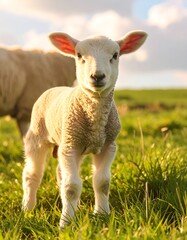 Fototapeta premium A lamb in a grassy field, bathed in sunlight