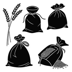 Sacks of Grain and Wheat Stalks Silhouette Set agriculture