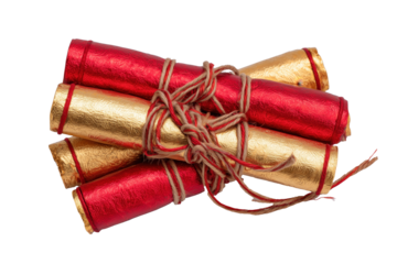 Red And Gold Glittery Rolls Tied With Twine A clown stands with his arms folded