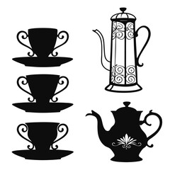 Silhouettes of Ornate Teapots and Cups with Swirling Handles