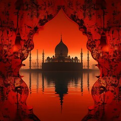 Crimson archway, sunset view of a mosque