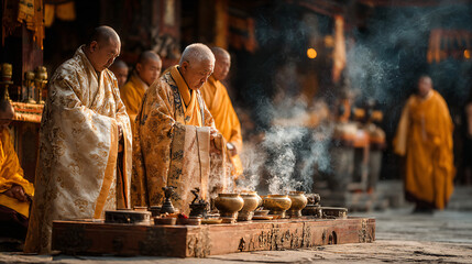 Obraz premium Spiritual blessing scene at the Thimphu Tshechu in Bhutan, early October 2025. Elder monks in elaborate robes chanting with sacred instruments, young novices assisting.