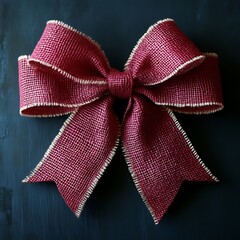 Crimson burlap ribbon bow on dark background