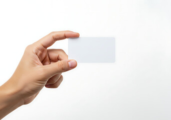 Obraz premium A human hand holding a blank white rectangular card against a plain white background.