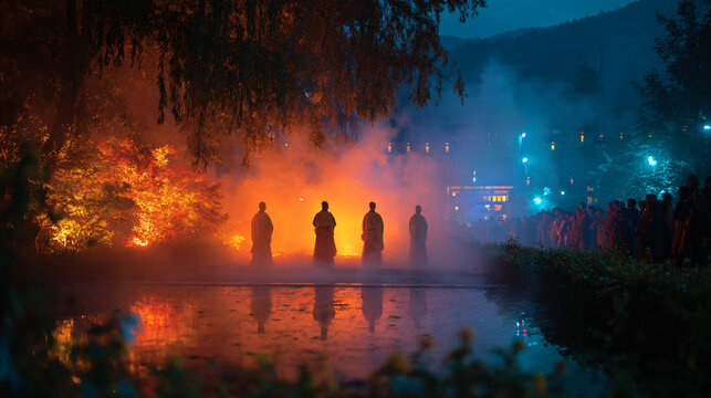 Monks in masks illuminated by soft lantern light, performing Cham dances under the darkening sky. Audience watching silently, incense smoke rising. 