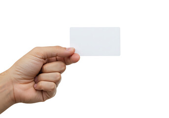 Obraz premium A hand holds a blank white card against a plain white background.