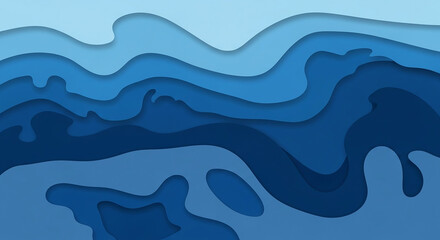 Abstract blue ocean waves paper cut background.