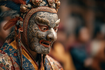 Obraz premium Intricate mask with fierce expression, ornate robes with bright colors. Shallow depth of field focusing on the dancer, blurred background of spectators.