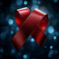 Crimson ribbon crisscrossed against a dark, blurred background of blue lights