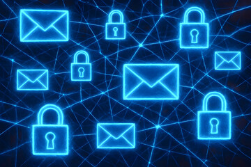 Secure communication network with glowing digital envelopes and padlocks, representing data protection and cyber safety in a connected world.