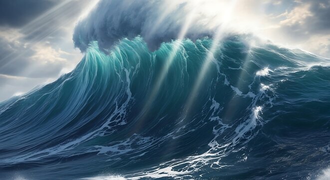 A powerful ocean wave, illuminated by sunbeams, crashes dramatically against the sea.
