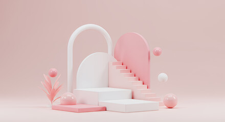 Minimalist Pink and White Stage with Arches and Spheres for Product Display or Artistic Presentation