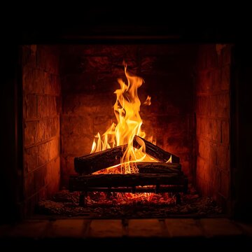 Cozy fireplace with burning logs and warm flames