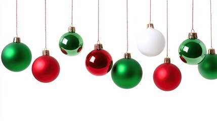 Christmas, decorations, red, green, white, festive decorations hung on a string, isolated on a pure white background. Suitable for Christmas-themed design or to add decoration to illustrations.