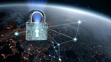 Digital padlock symbolizing cybersecurity and data protection over a global network at night - Powered by Adobe