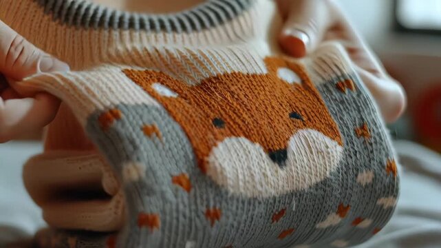 A cozy baby sweater soft knit with cute fox animal pattern, warm gray orange white playful design, gentle comfortable childhood winter fashion