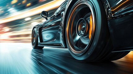 High-Speed Night Drive: A Sleek Black Sports Car Races Through City Lights