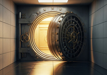 ประตูห้องนิรภัยธนาคารเปิดเล็กน้อยมีแสงอุ่น – ความปลอดภัยและการปกป้องทรัพย์สิน