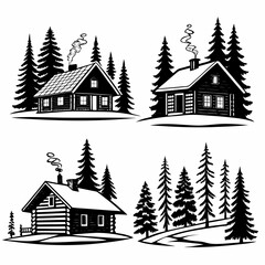 Fototapeta premium Black And White Silhouettes Of Log Cabins And Pine Trees Keywords: log cabin, house, home