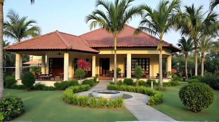 Obraz premium Tropical home with landscaped garden and patio area.