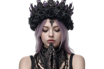 Mysterious gothic queen with ornate crown adorned with black roses and amethyst crystals, wearing layered necklaces and lace gloves
