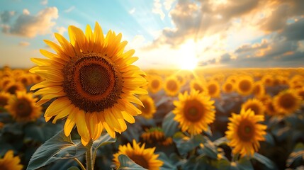 Obraz premium Beautiful sunflower field glowing in warm sunlight high resolution picture