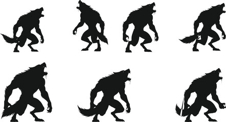 Werewolf silhouette illustration, scary monster design, spooky wolf man artwork, horror creature shadow, dark beast figure, Halloween evil werewolf character, nightmare predator