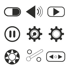 Collection of nine dark gray media and settings icons on white