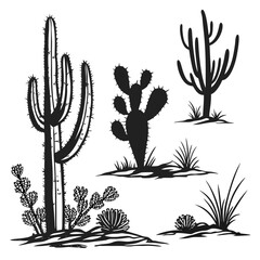 Desert Cacti and Grass Silhouettes on White Background