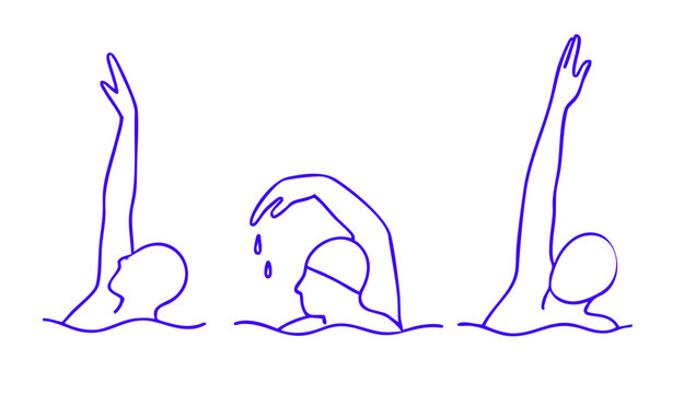 Minimalist black and white line art illustration of backstroke arm movement and swimmer shown in three sequential positions