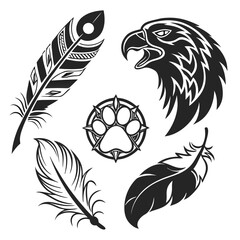 Eagle Head and Feathers with Paw Print Emblem Keywords: eagle, feather, paw print, animal, bird