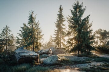 Misty mountain sunrise, pine trees, and rocks