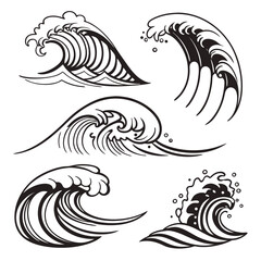 Five Stylized Black And White Ocean Wave Illustrations