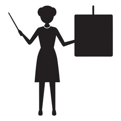 Silhouette of a woman teacher holding a pointer and a blank board for presentation