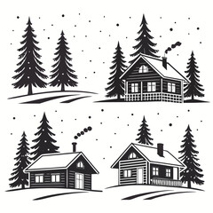 Fototapeta premium Four Black And White Winter Cabin Scenes With Pine Trees