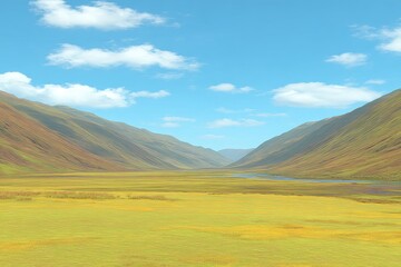 Vast valley, vibrant hues, bright sky, serene landscape
