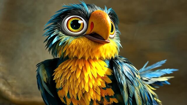 Cute cartoon parrot with big eyes and colorful feathers.