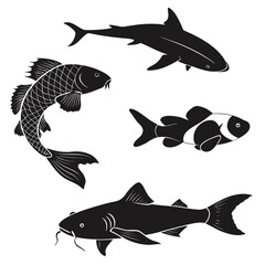 Four Different Fish Silhouettes in Black on White shark