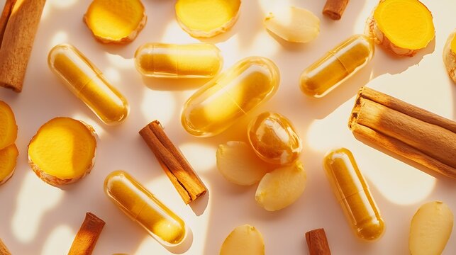 Turmeric curcumin capsules arranged with slices of fresh turmeric
