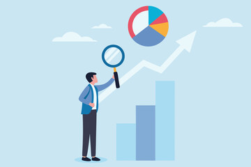 Businessman examining a rising graph and pie chart with a magnifying glass representing business analysis and growth