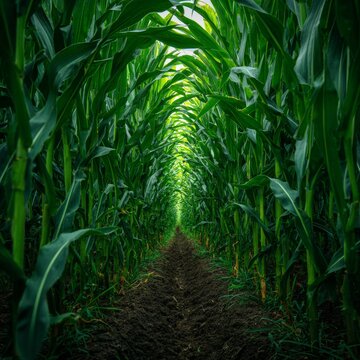A mesmerizing perspective of a cornfield pathway, drawing the eye through a tunnel of vibrant green foliage. The pathway leads to the horizon, promising a journey through nature's embrace.