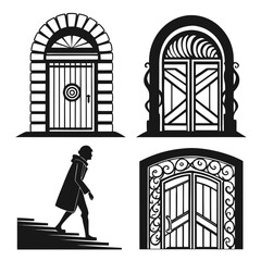 Fototapeta premium Person approaching ornate doorways and stairs silhouette