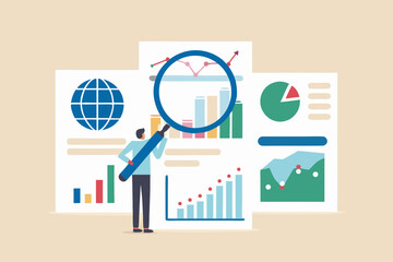 Analyst examines global financial data charts and graphs with a magnifying glass for business insights