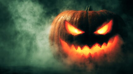 Scary jackolantern with glowing eyes and smoke on a dark, eerie background for halloween