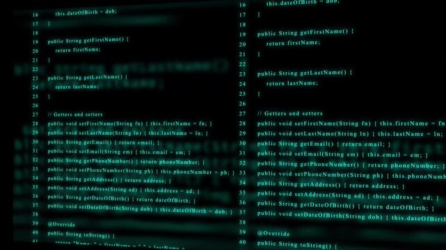 Symmetrical display of computer code in green on a dark background for technology and programming Keywords: code, programming, software, development, java, class, object oriented, programming